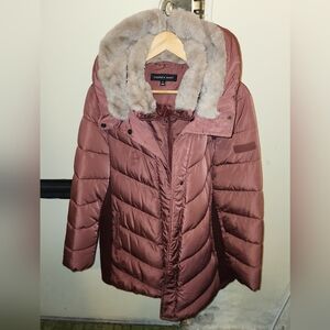 Andrew Marc Women's Mauve Puffer Coat with Faux Fur Hood